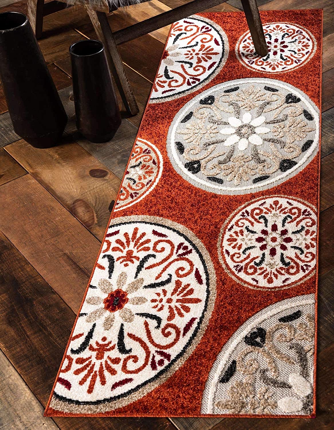 Carved Floral Transitional Indoor/ Outdoor Flat Weave Terracotta/Beige Area Rug