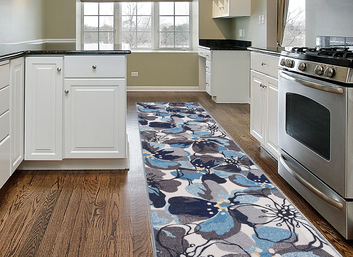 Blue Gray Ivory Floral Area Rug Non Slip/ No Skid - Low Pile