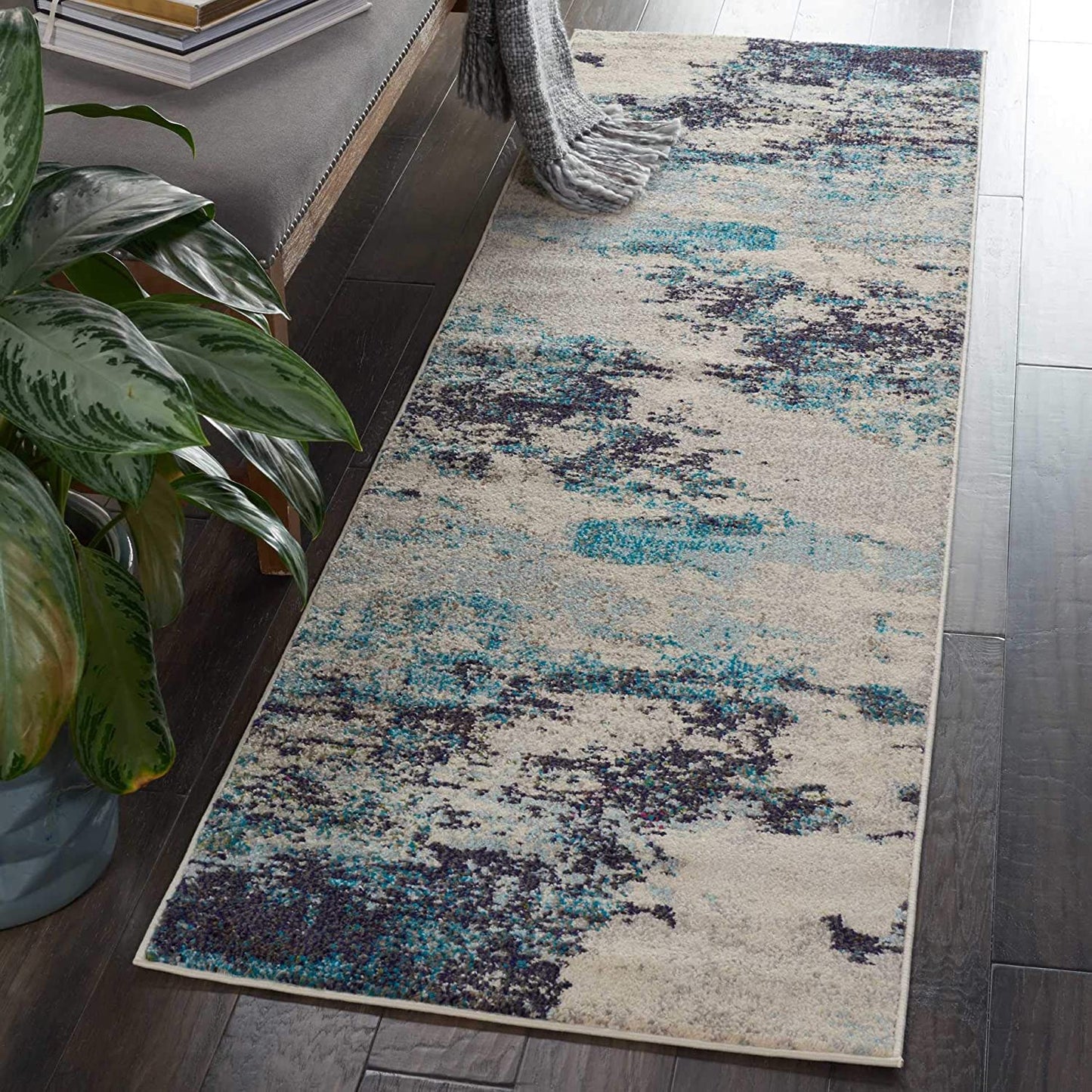Modern Abstract Area Rug,  Ivory/Teal Blue