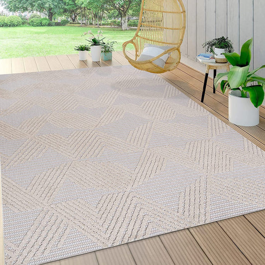 Jazz High-Low Pile Art Deco Geometric Indoor/Outdoor Beige Area Rug
