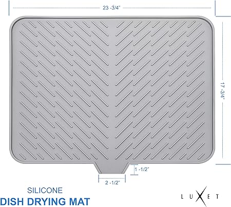 Silicone Dish Hygienic Sturdy Compact Easy to Clean Drying Mat with Built-in Drain Lip, 23 X 17 (Grey)