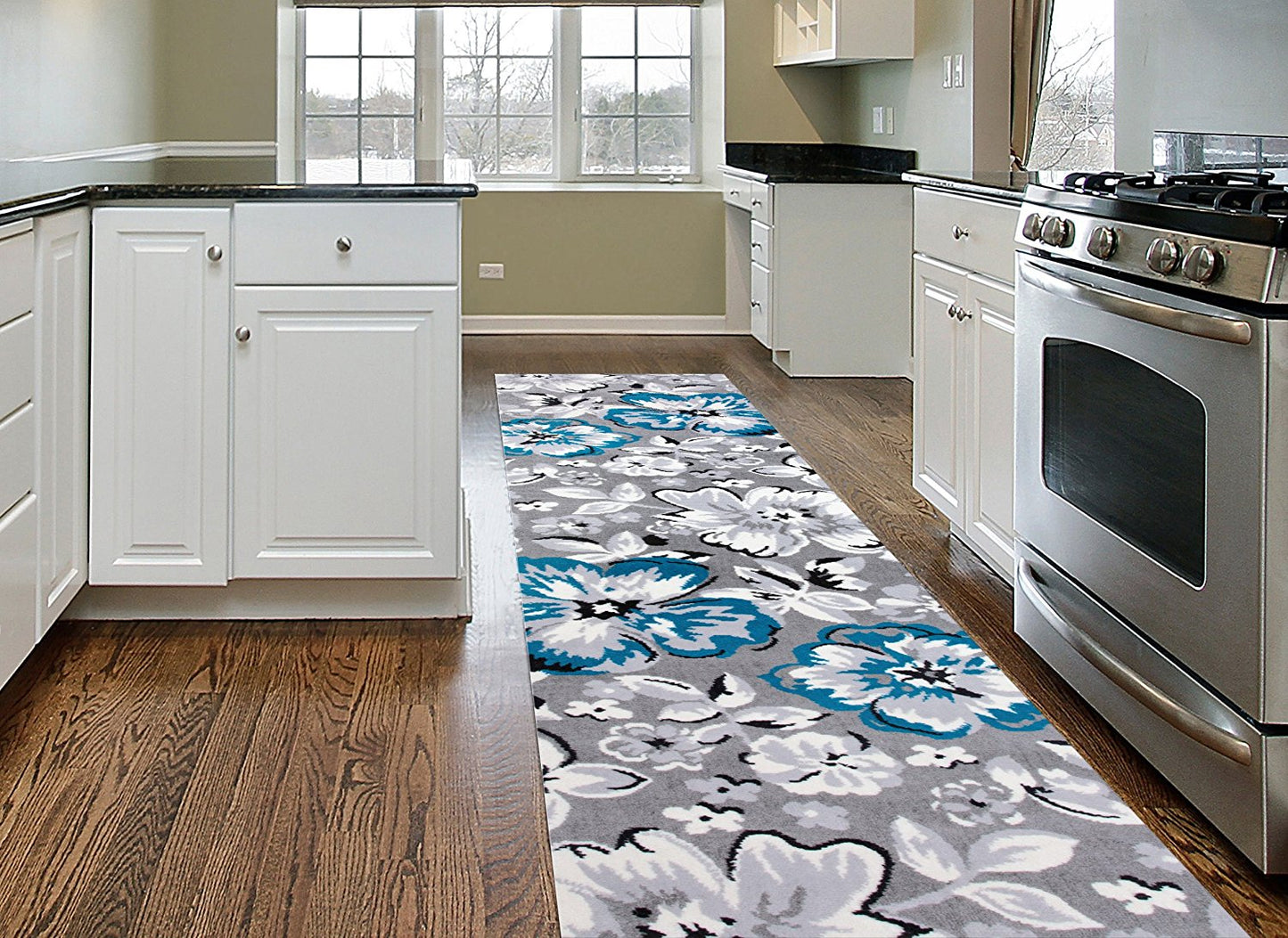 Gray/Grey Teal Blue White Floral Area Rugs
