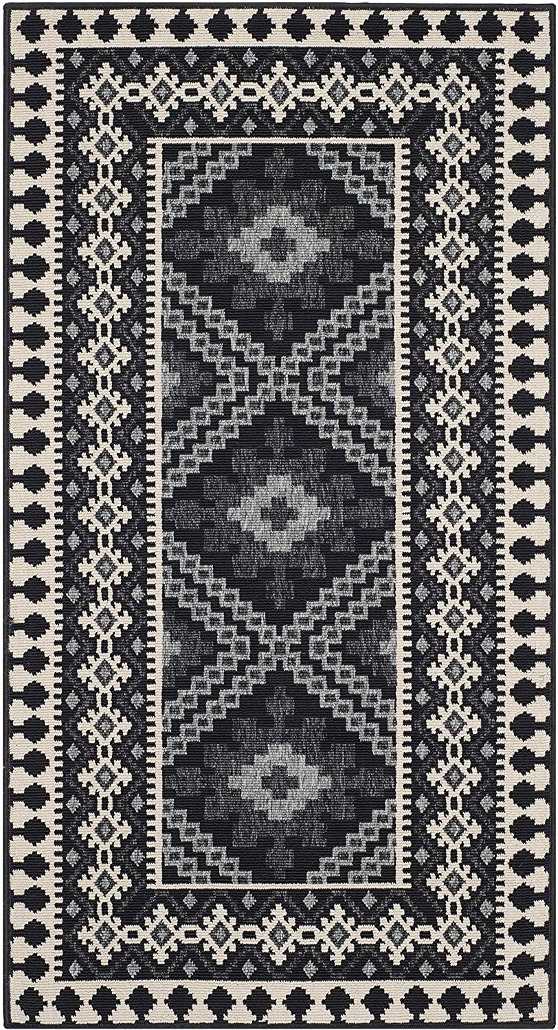 Boho Indoor/ Outdoor Patio Backyard Area Rug, Black / Cream