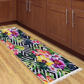 Machine Washable Wrinkle Free Coffee Cup Design Cotton 2 x 5 Kitchen Runner Rug (20" x 59", Beige)