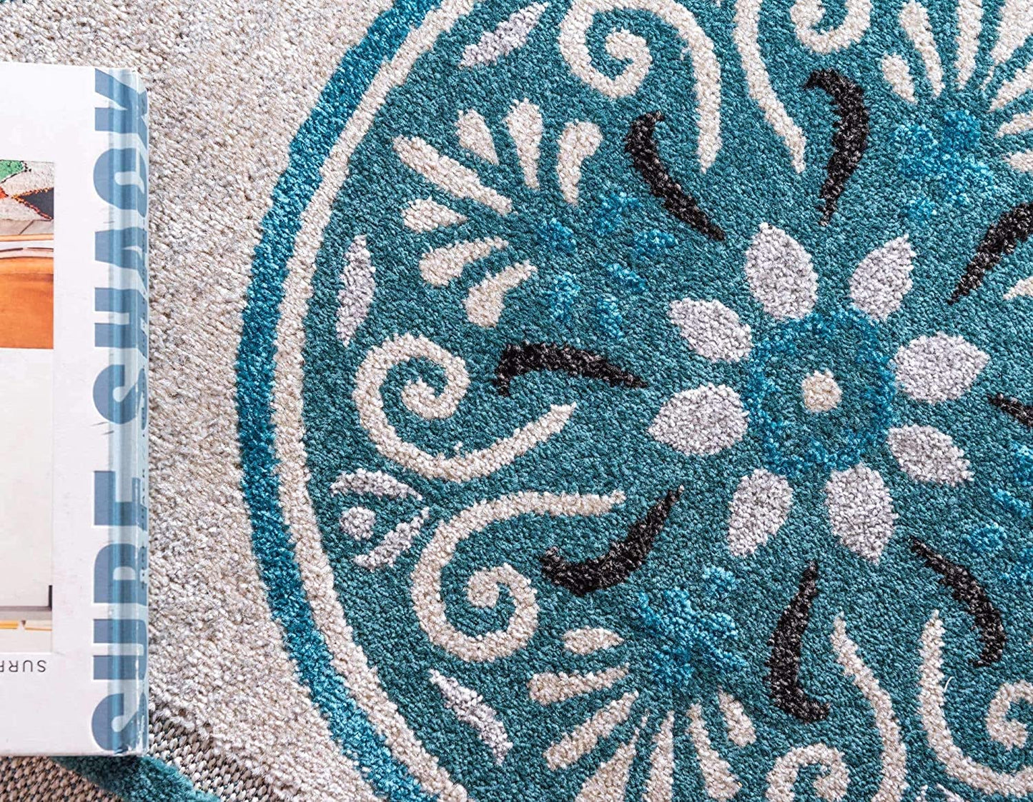 Carved Floral Transitional Indoor/ Outdoor Flat Weave Ivory/Teal Area rug