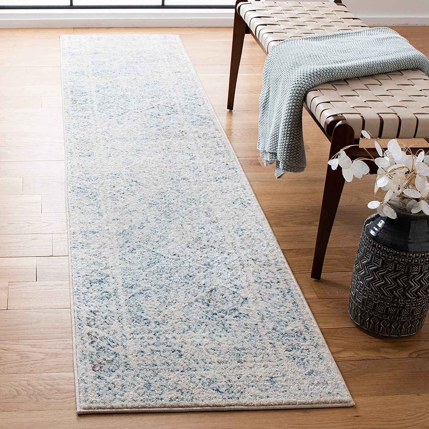 Moroccan Boho Distressed Area Rug, Ivory / Turquoise