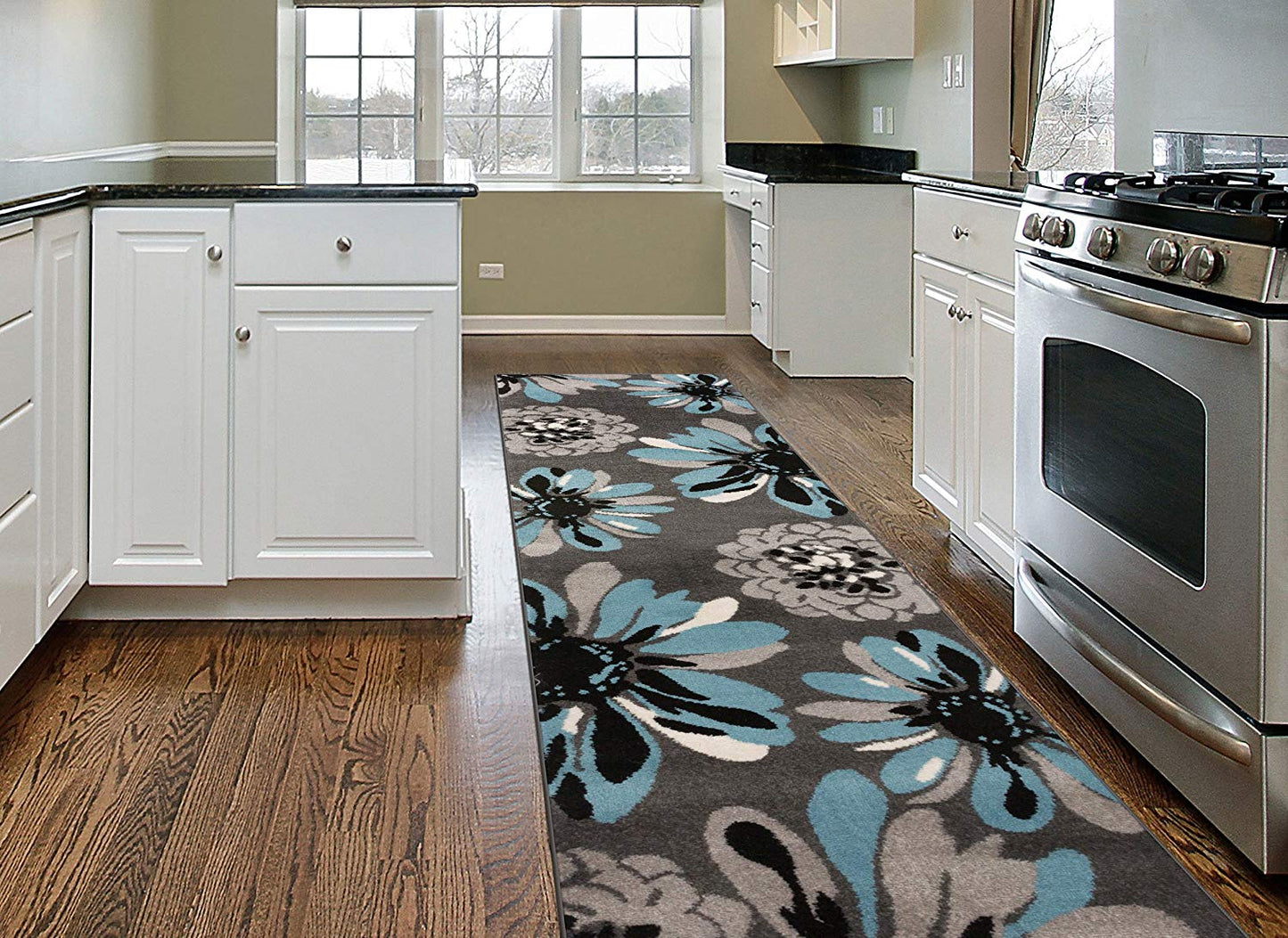 Floral Gray Black Blue Area Rug