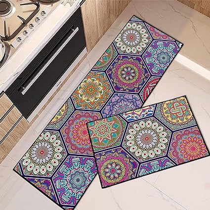 Mid Century Boho Home Kitchen Rugs and Mats Non Skid Washable Set of 2,