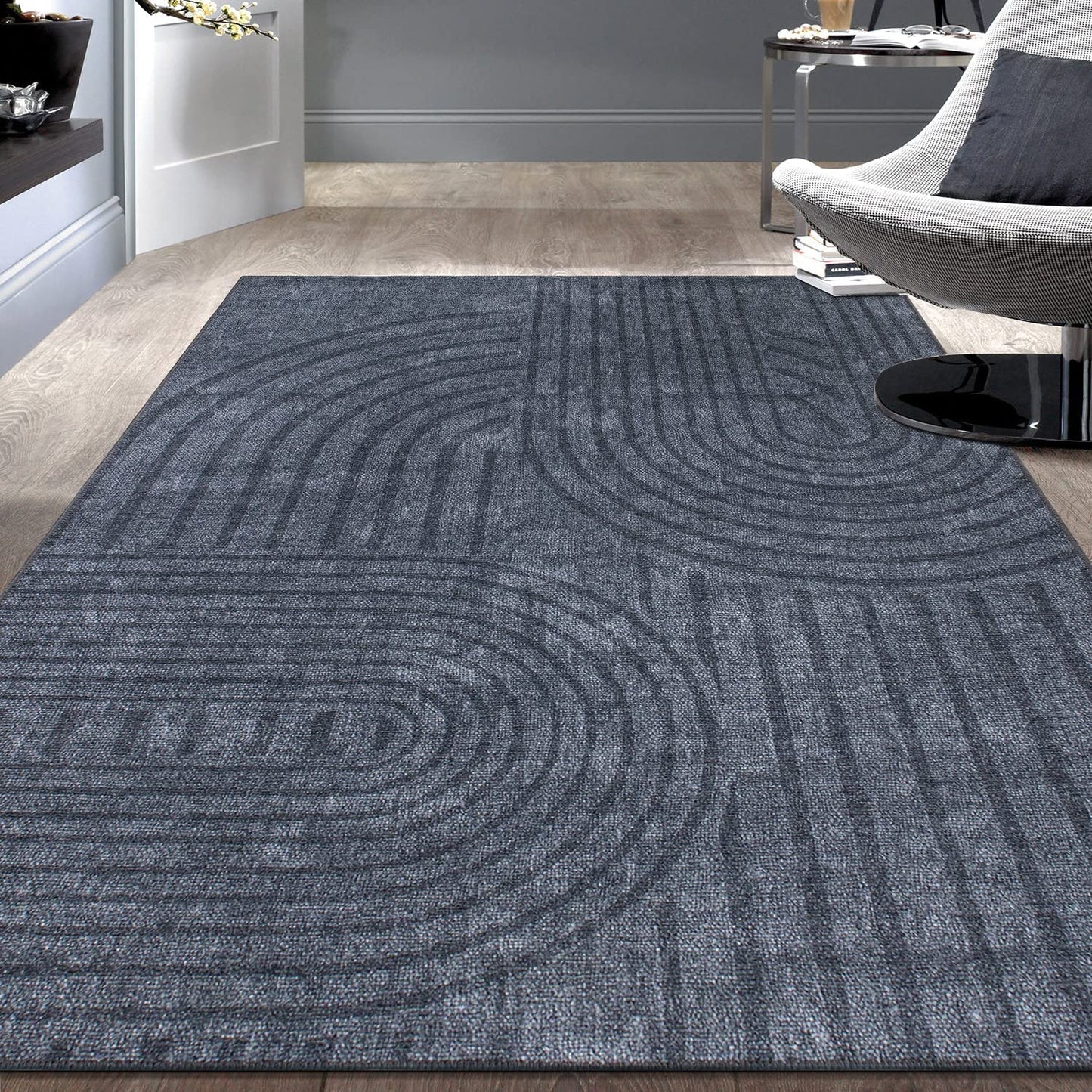 Contemporary Lines Plaid Stain Resistant Flat Weave Eco Friendly Premium Recycled Machine Washable Area Rug 7'7"x9'6" Dark Gray