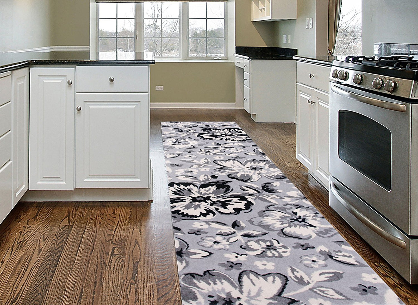 Gray/Grey Black White Floral Area Rugs