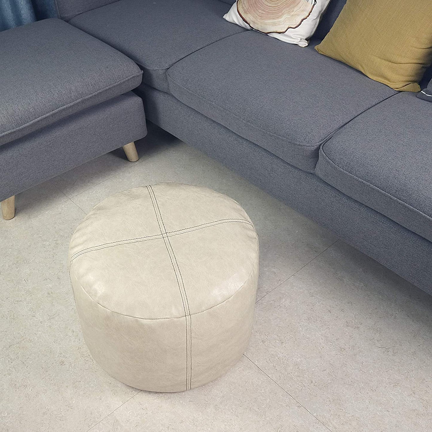 Unstuffed Nordic Faux Leather Pouf, Premium Handmade Ottoman