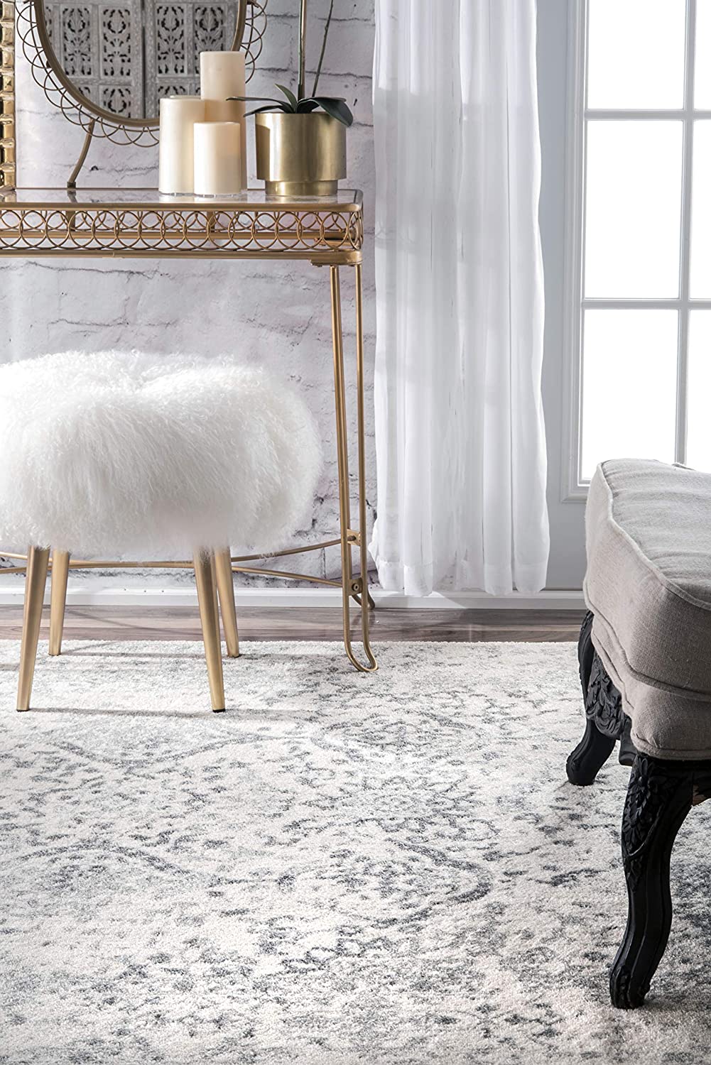 Faded Vintage Floral Damask Distressed Ivory Soft Area Rug