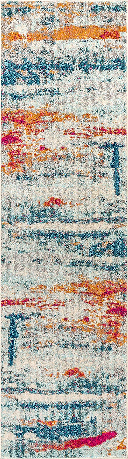 Contemporary Modern Abstract Brushstroke Cream/Blue Rug