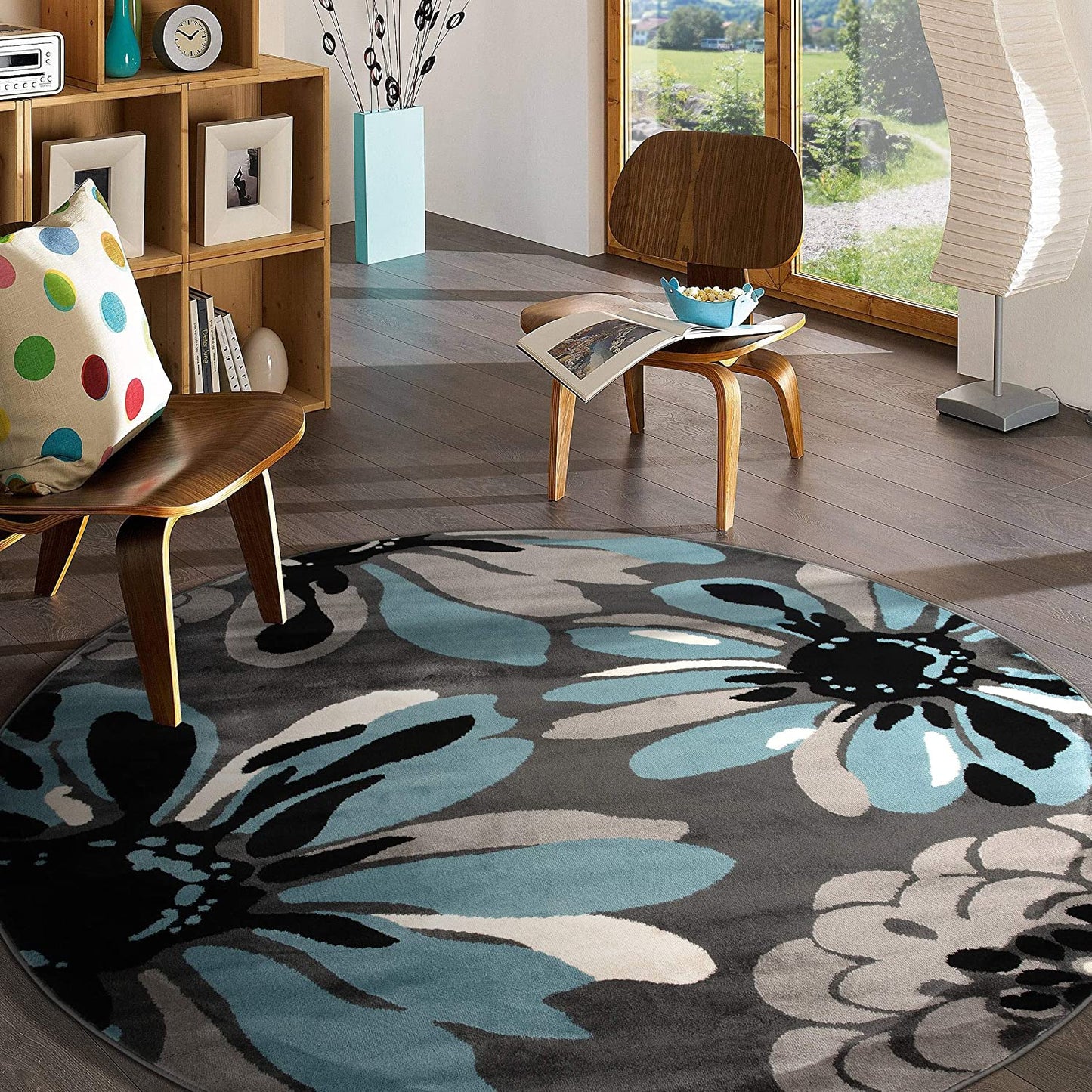 Floral Gray Black Blue Area Rug