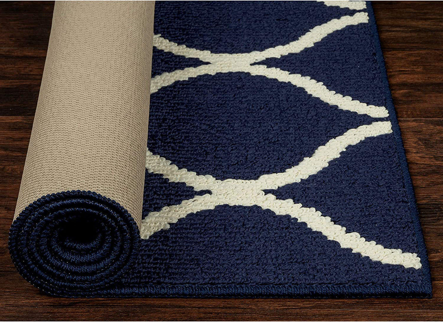 Maples Rugs Rebecca Contemporary Runner Rug Non Slip Navy Blue/White