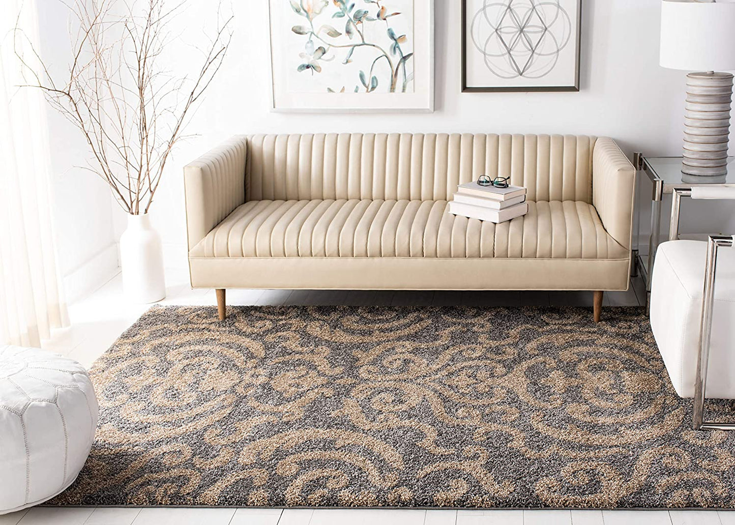 Damask Dining Plush Thick Area Rug, Cream Beige,large Rectangle