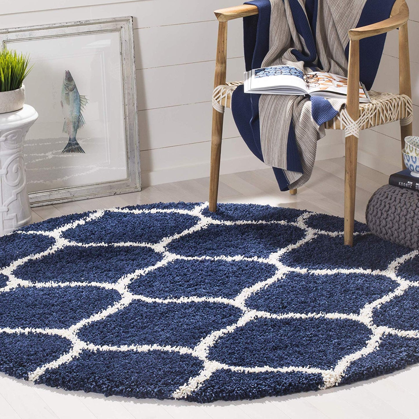 Moroccan Pattern Navy Ivory Plush Shag Area Rug