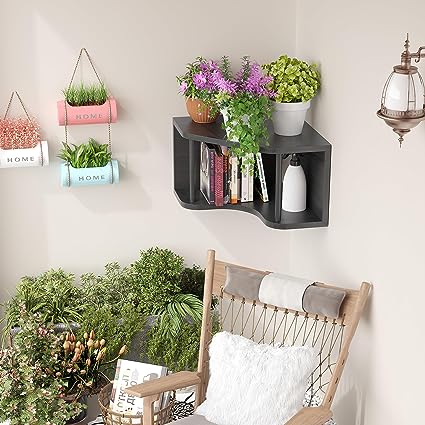 Pine Wood Shelves 90° Corner Floating Cabinet Shelf for Wall, 18’’ Bedside Corner Wall with Cord Hole