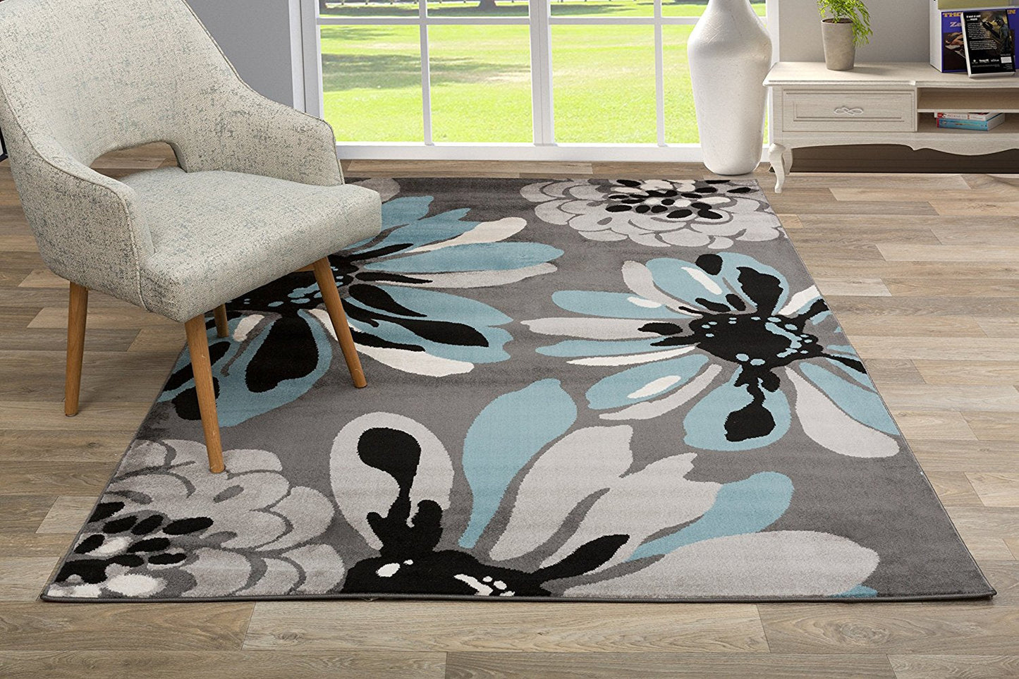 Floral Gray Black Blue Area Rug