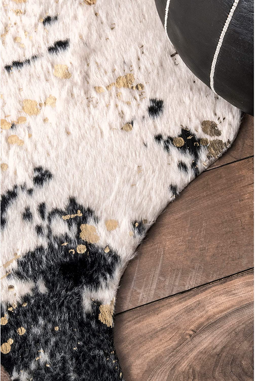 Faux Cowhide Shaped Soft Black Ivory Area Rug