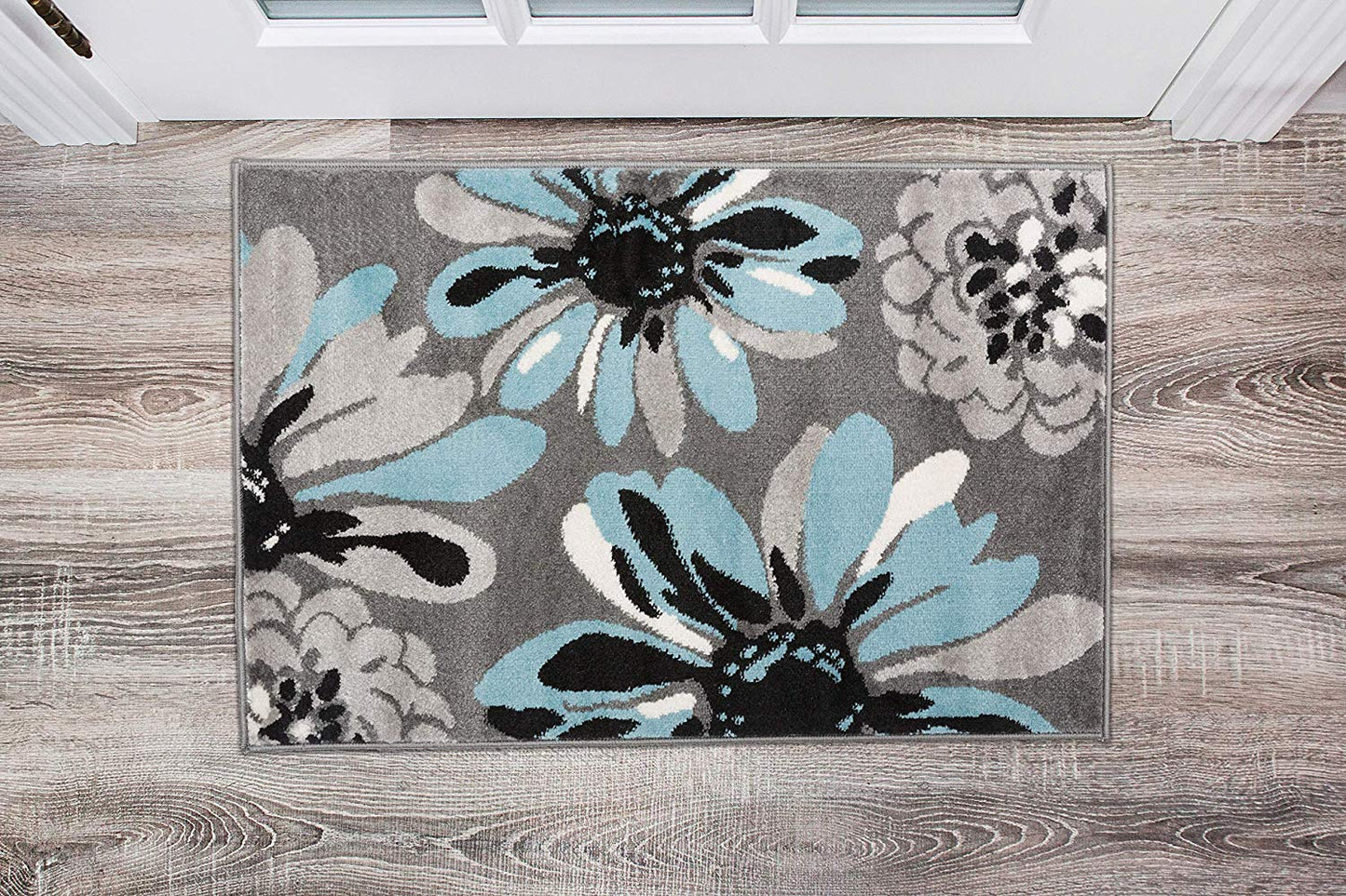Floral Gray Black Blue Area Rug