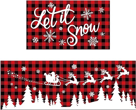 Set of 2, Let It Snow Santa Xmas Decor Red Buffalo Plaid Kitchen Mats, 17x29 and 17x47 Inch