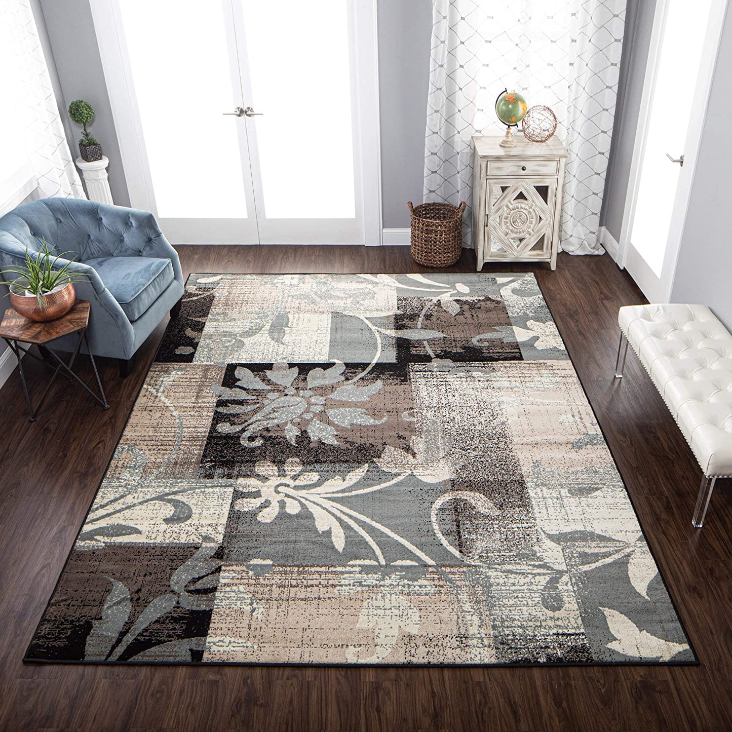 Floral Patchwork Design Brown Ivory Area Rug