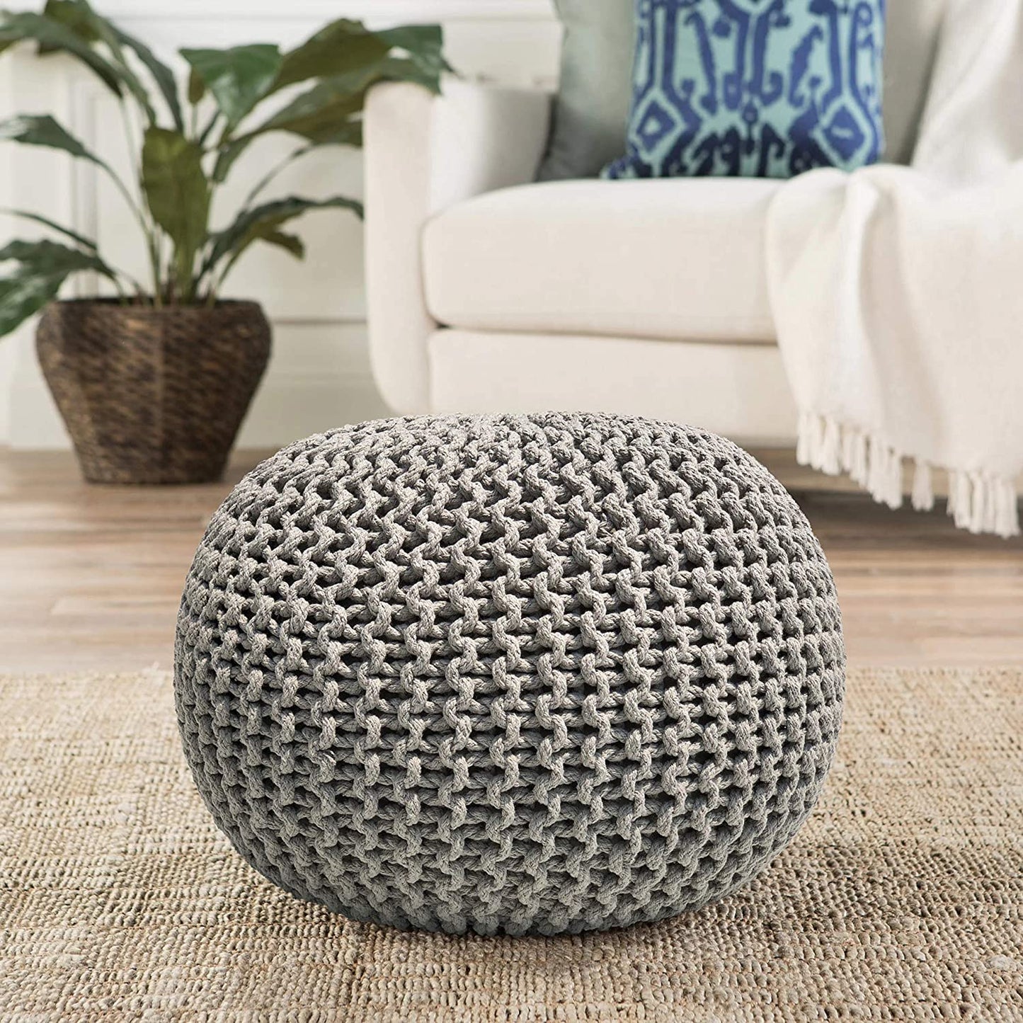 Ottoman Hand Knitted Cable Style Dori Pouf - Macramé Pouf - Cotton Braid Cord