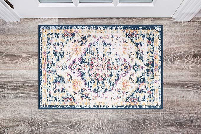 Vintage Medallion Floral Ivory Dark Blue Soft Area Rug