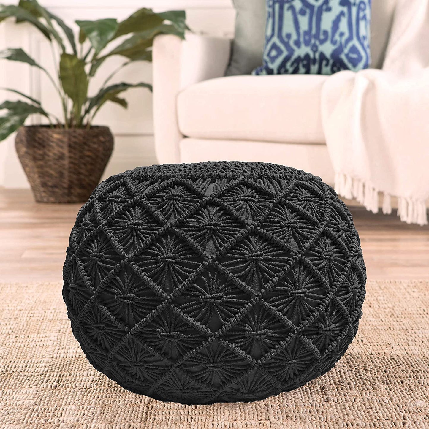Ottoman Hand Knitted Cable Style Dori Pouf - Macramé Pouf - Cotton Braid Cord