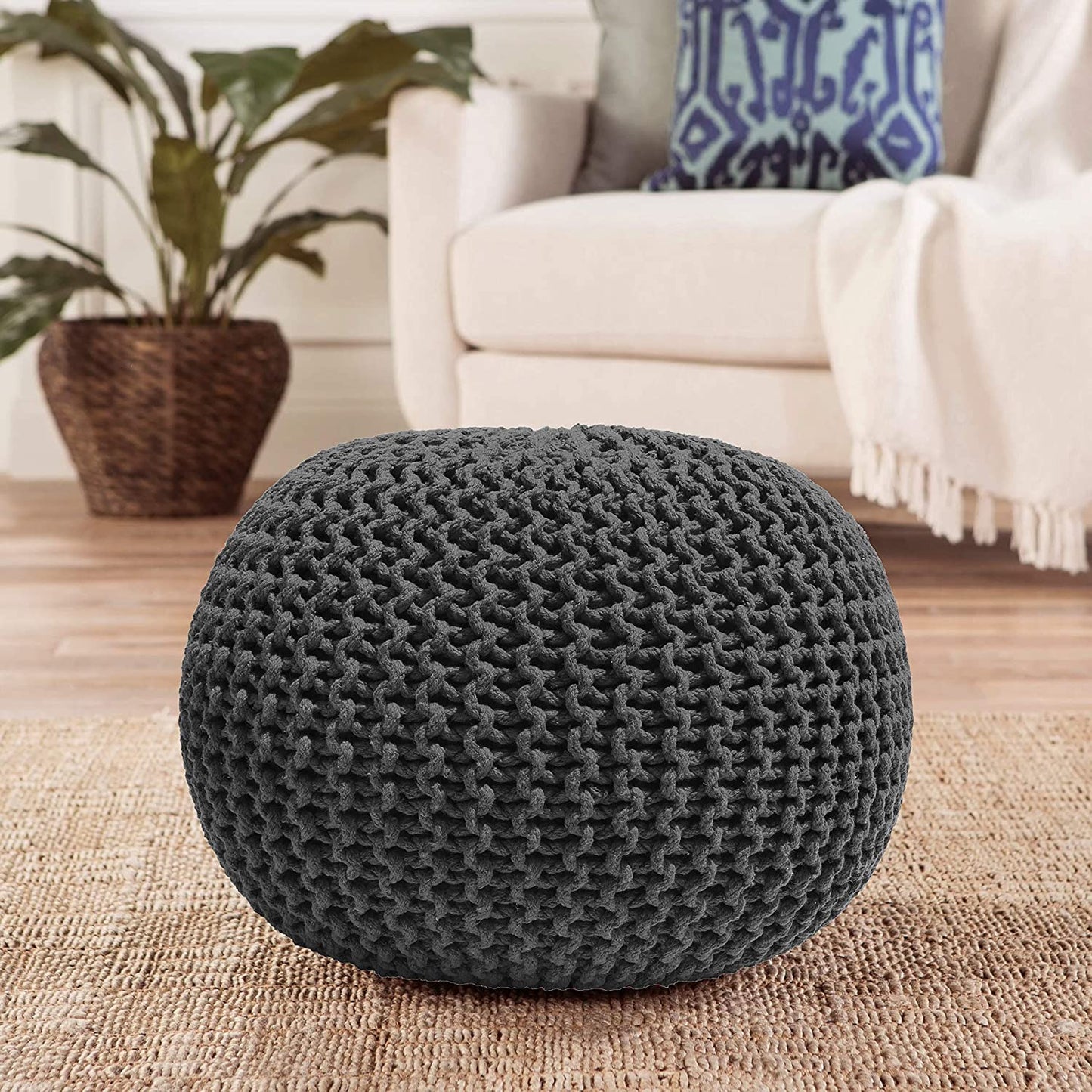 Ottoman Hand Knitted Cable Style Dori Pouf - Macramé Pouf - Cotton Braid Cord
