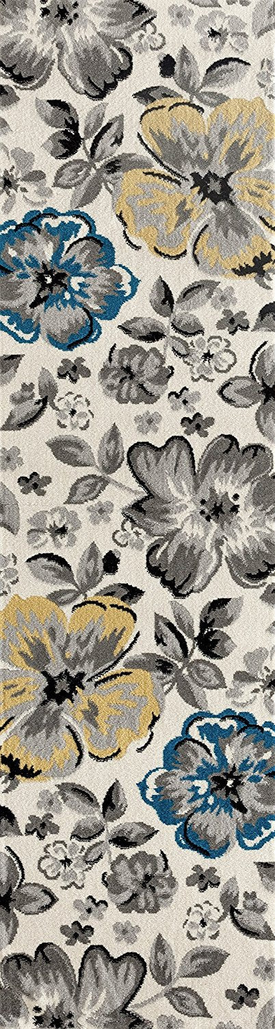 Floral Gray/Grey Yellow Blue Area Rug