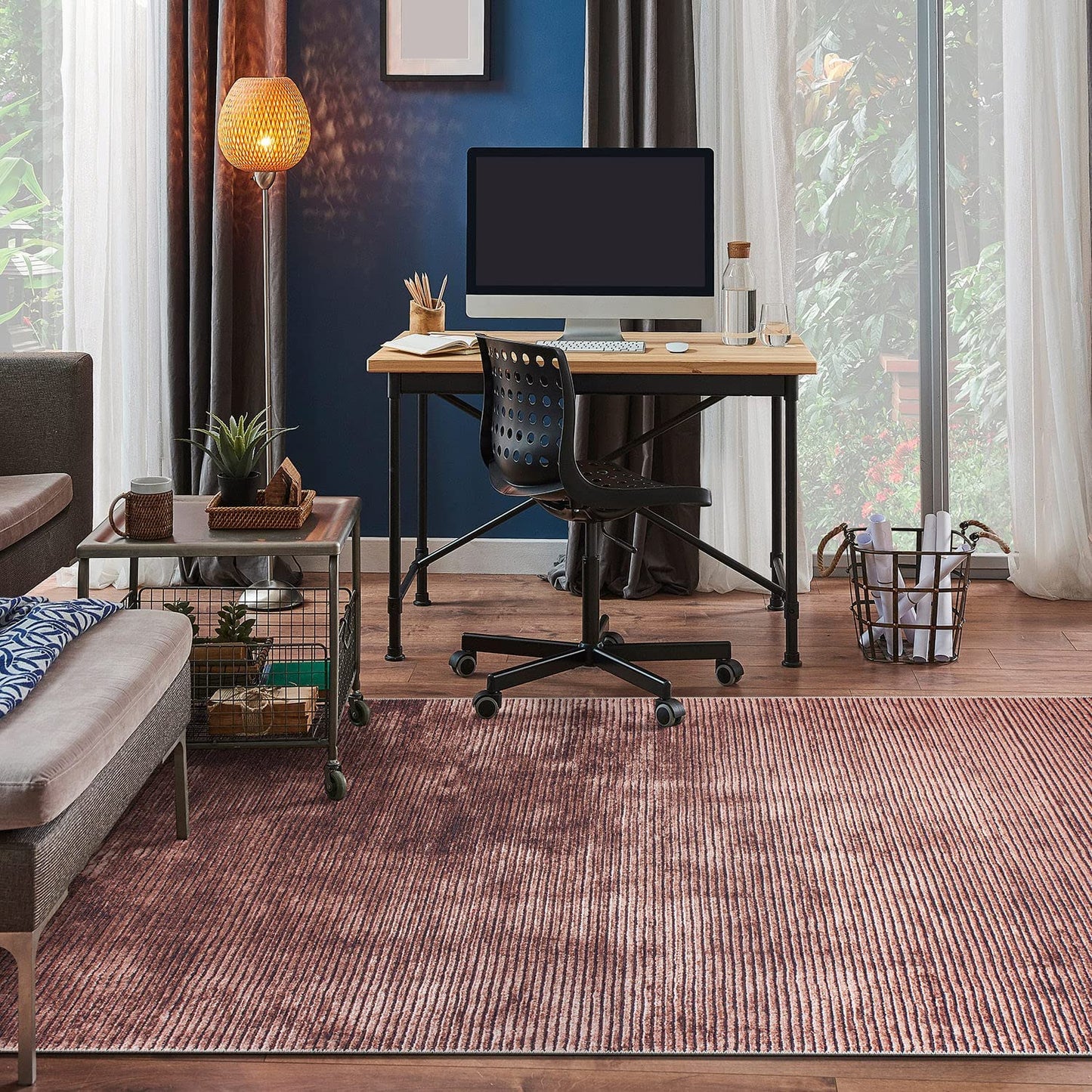 Contemporary Distressed Stripe Stain Resistant Flat Weave Eco Friendly Premium Recycled Machine Washable Area Rug 3'3"x5' Rust