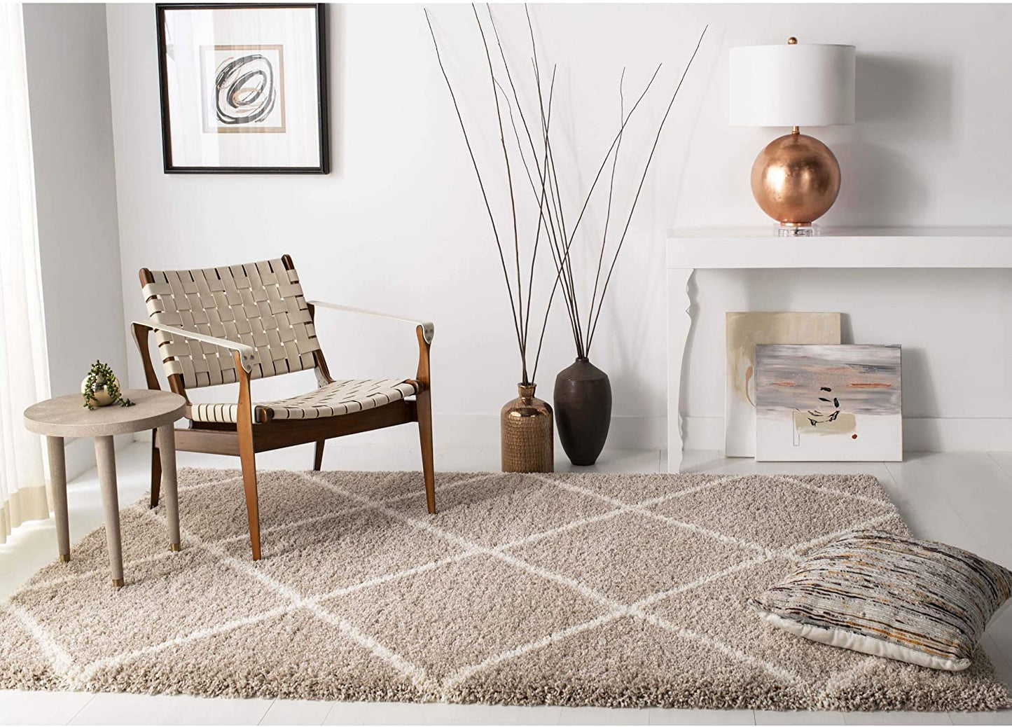 Diamond Trellis Beige/Ivory Soft Plush Shag Area Rug 2-inch Thick