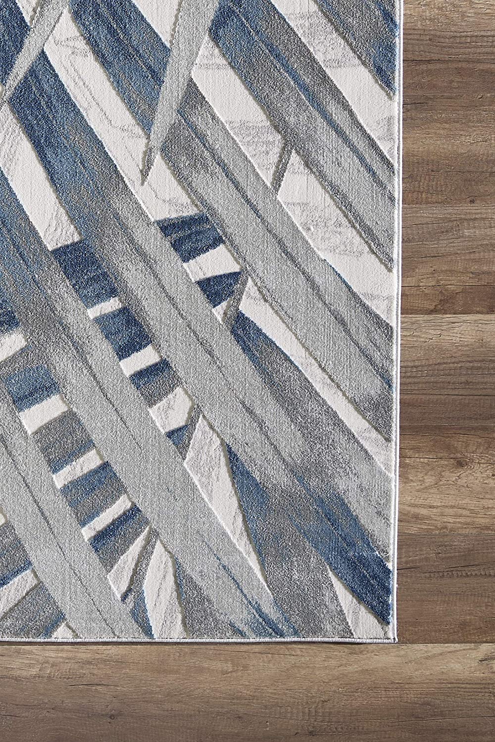 Blue Grey & Beige Floral Palm Leaf Pattern Modern Eclectic Rug