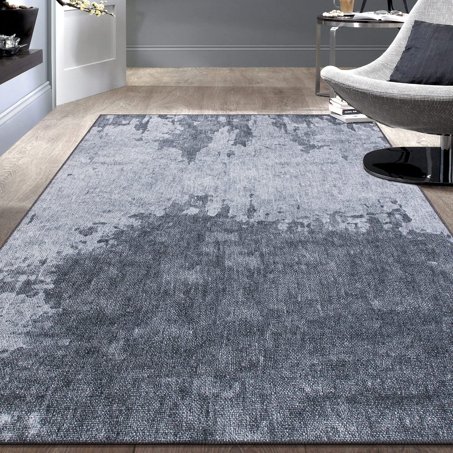 Distressed Abstract Flat Weave Machine Washable Area Rug Gray