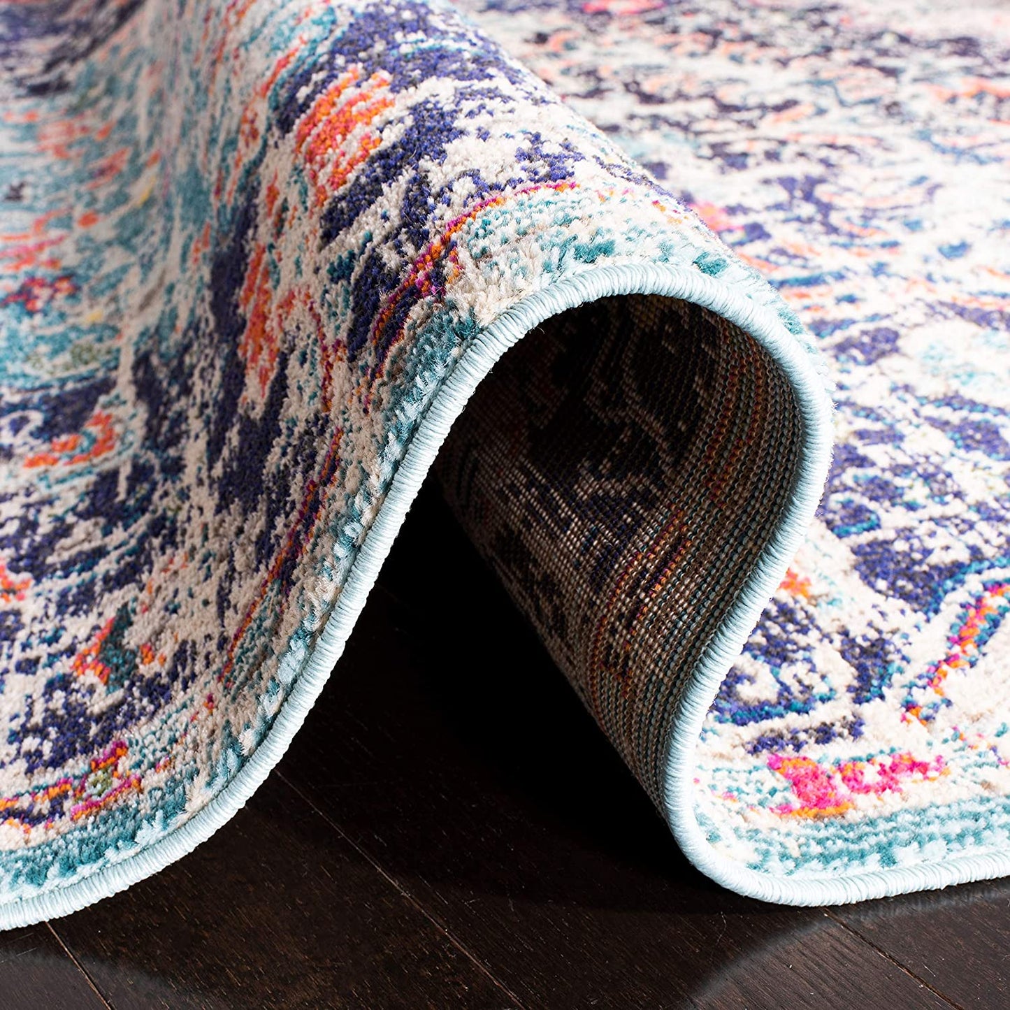 Madison Collection Boho Chic Medallion Distress Area Rug Black / Teal