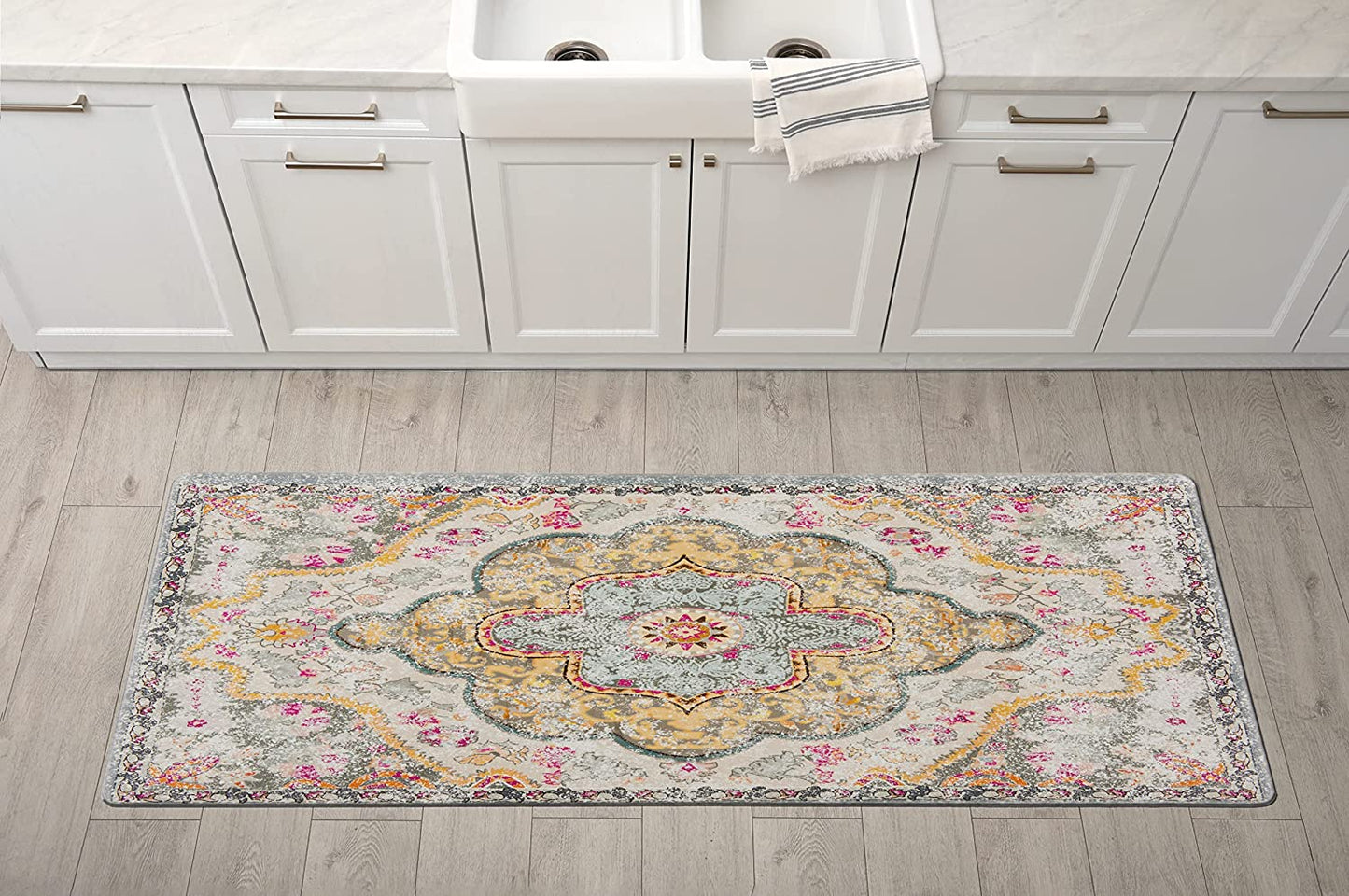 Distressed Bohemian Anti Fatigue Non Slip Stain Resistant Mat - 18" x 47" Cream
