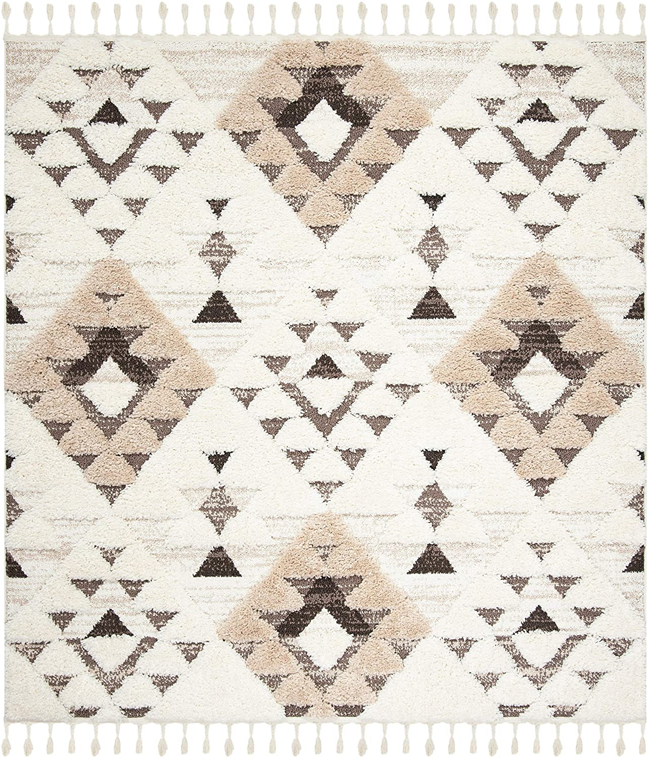 Moroccan Tassel Shag Collection Boho Soft Area Rug Ivory / Brown
