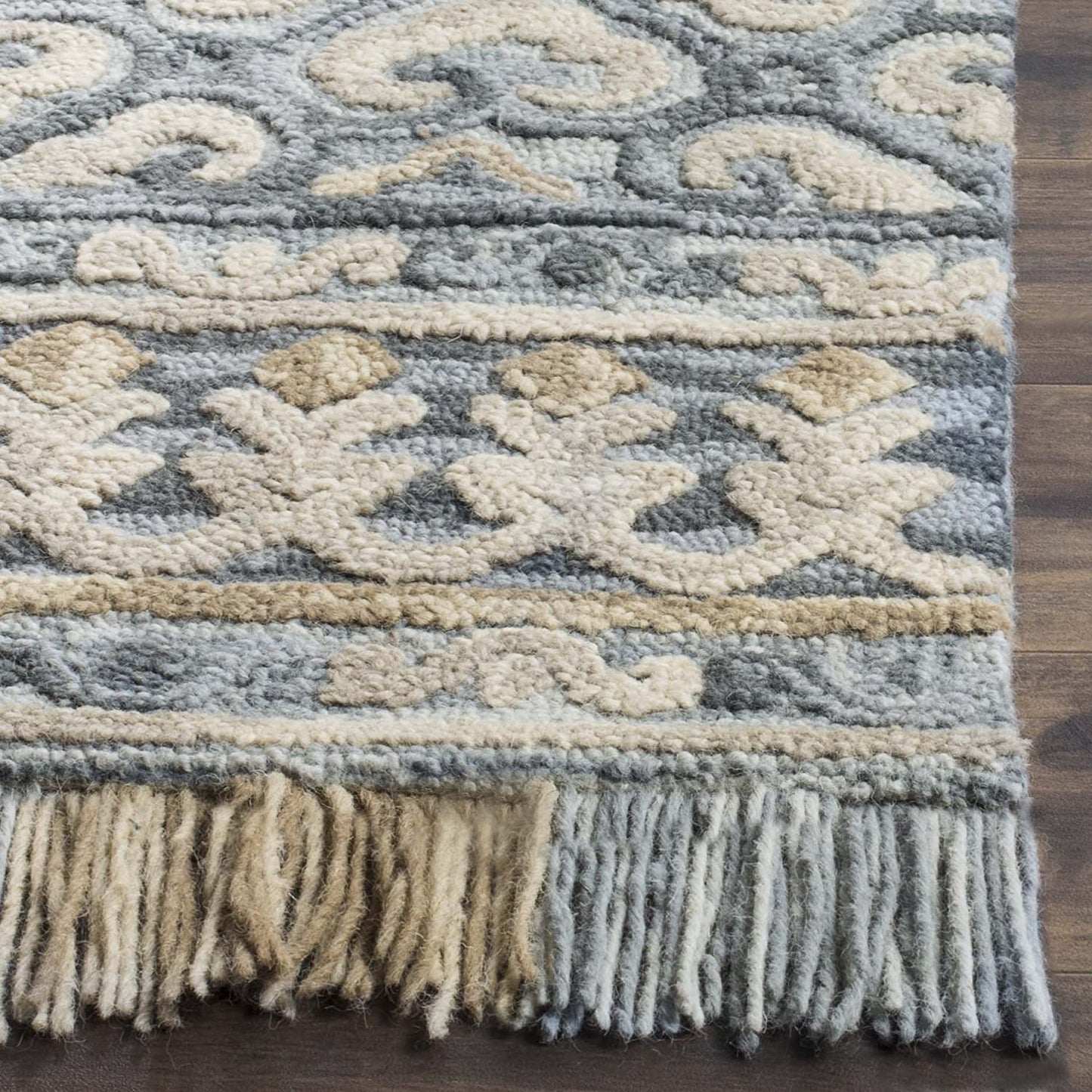 Blossom Collection BLM420A Handmade Fringe Premium Wool Area Rug, Light Beige / Blue