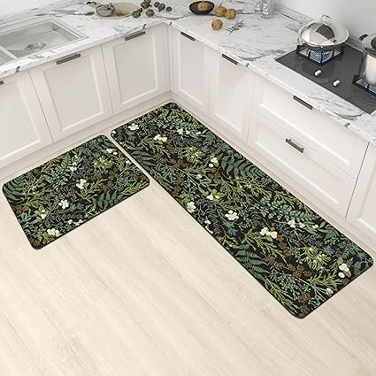Black Green Botanical Kitchen Rugs Set of 2 2/5" Thick Leather Carpet for Laundry Office Sink(17.3" x28" + 17.3" x 47"