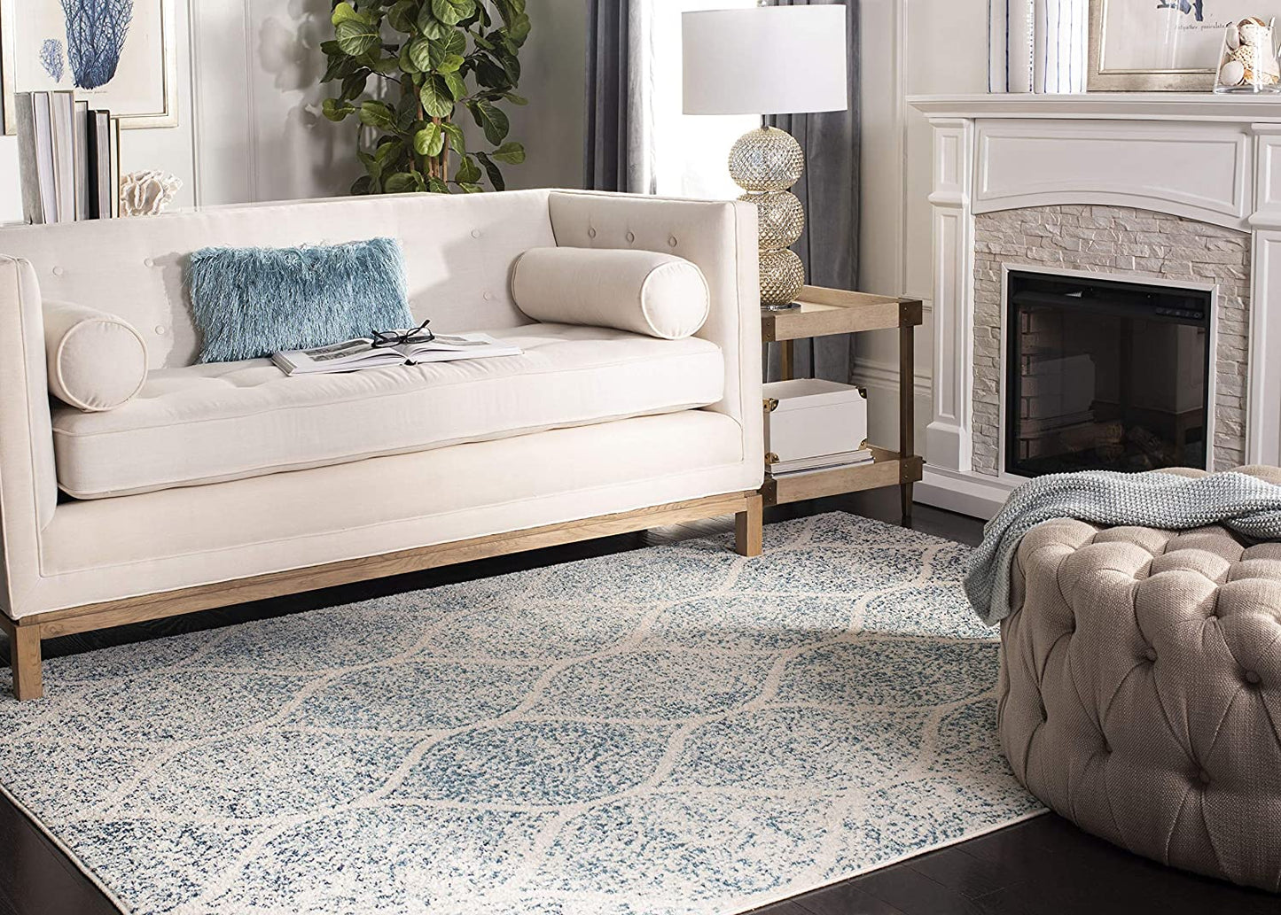 Geometric Trellis Distressed Cream/Turquoise Soft Area Rug