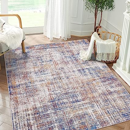 Entryway Abstract Distressed Green Multi Contemporary Carpet Print Chenille Thin Rug