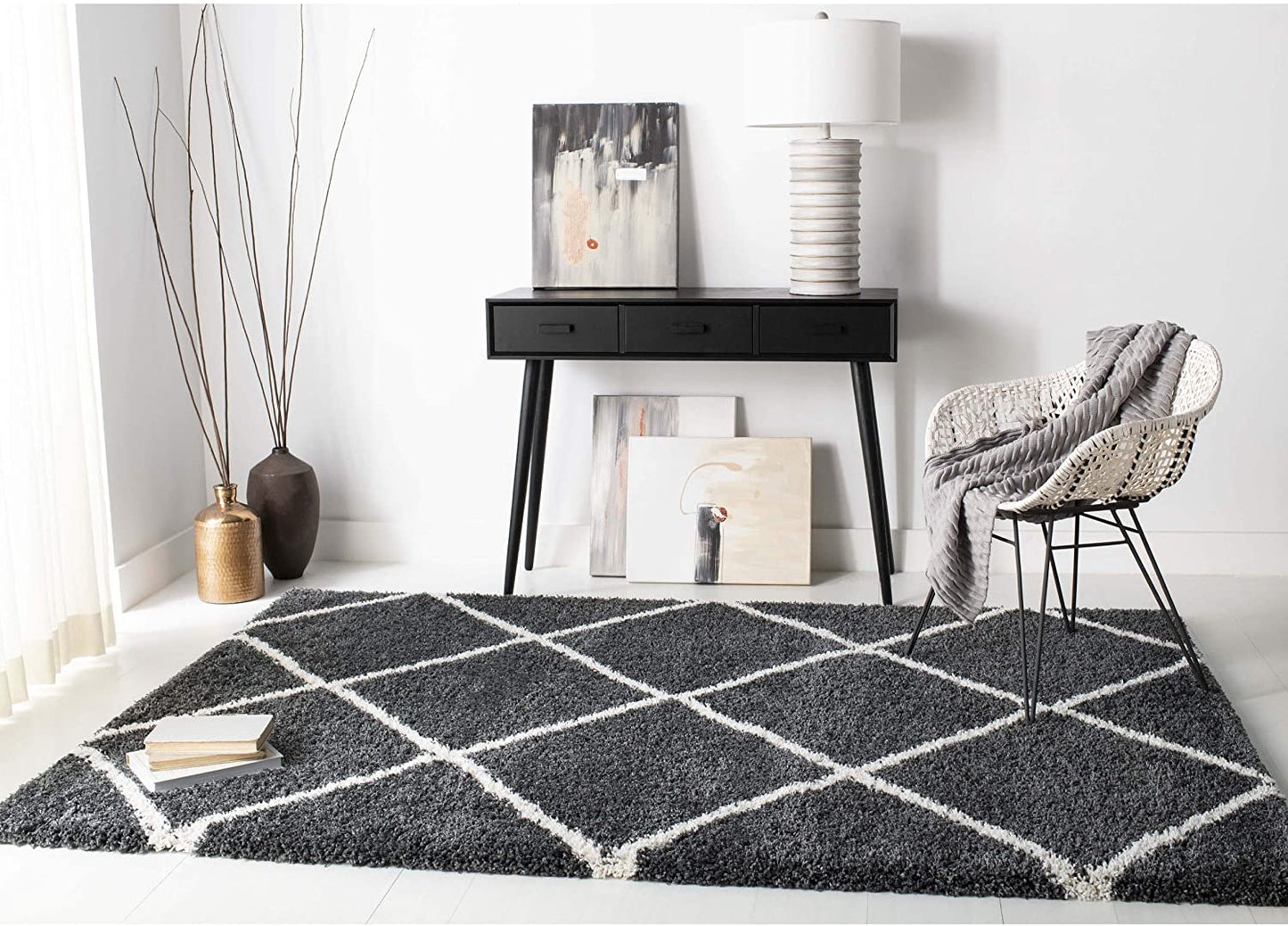 Diamond Trellis Dark Grey/Ivory Soft Plush Shag Area Rug 2-inch Thick