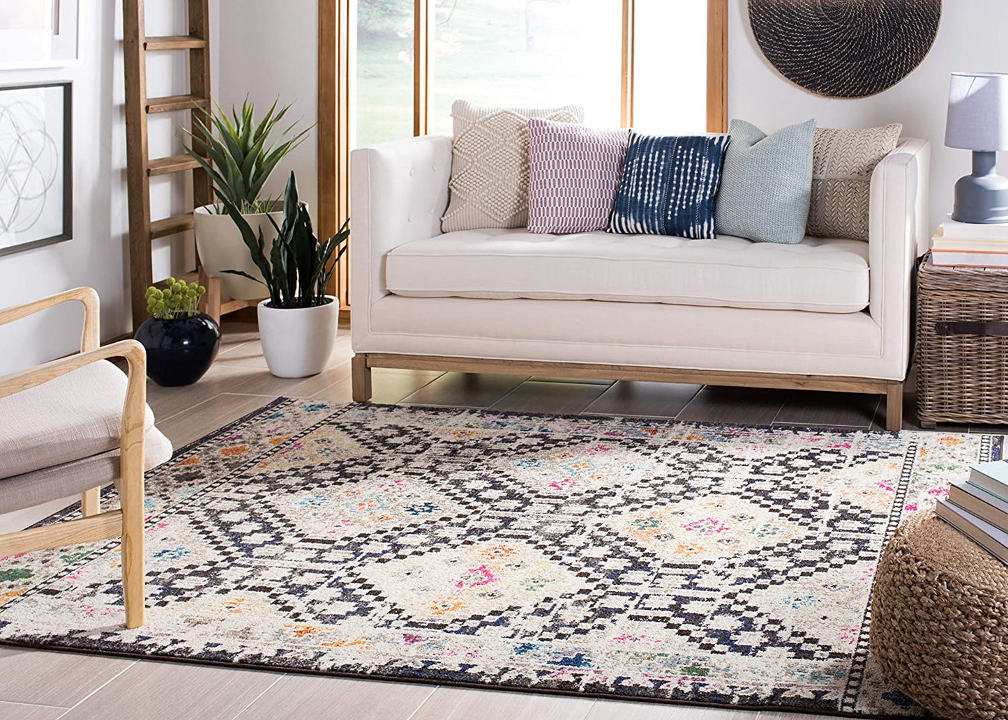 Boho Diamond Distressed Area Rug, Black / Yellow