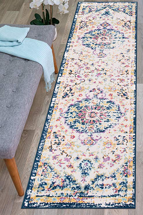 Vintage Medallion Floral Ivory Dark Blue Soft Area Rug