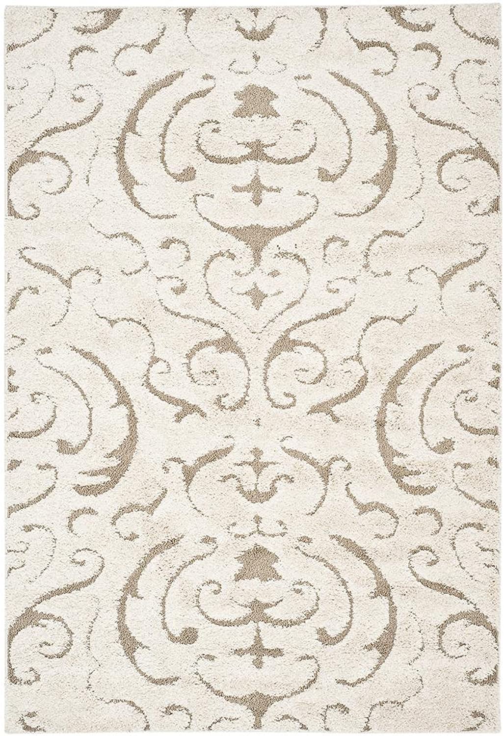 Damask Plush Thick Shag Area Rug, Cream / Beige