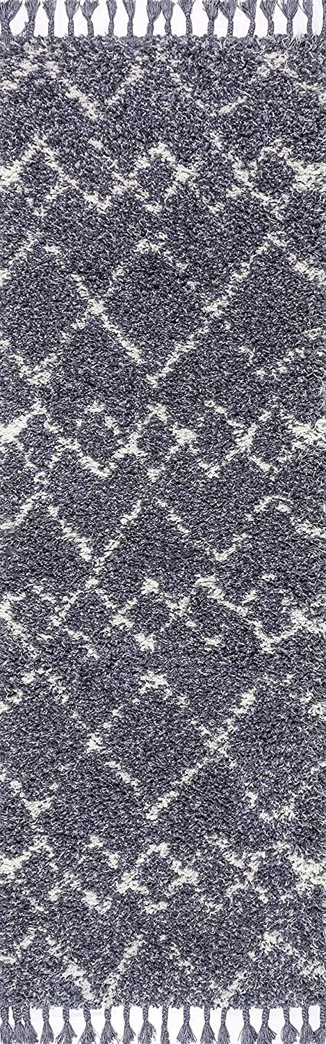 Mercer Plush Tassel Moroccan Tribal Geometric Trellis Denim Blue/Cream Shag Area Rug