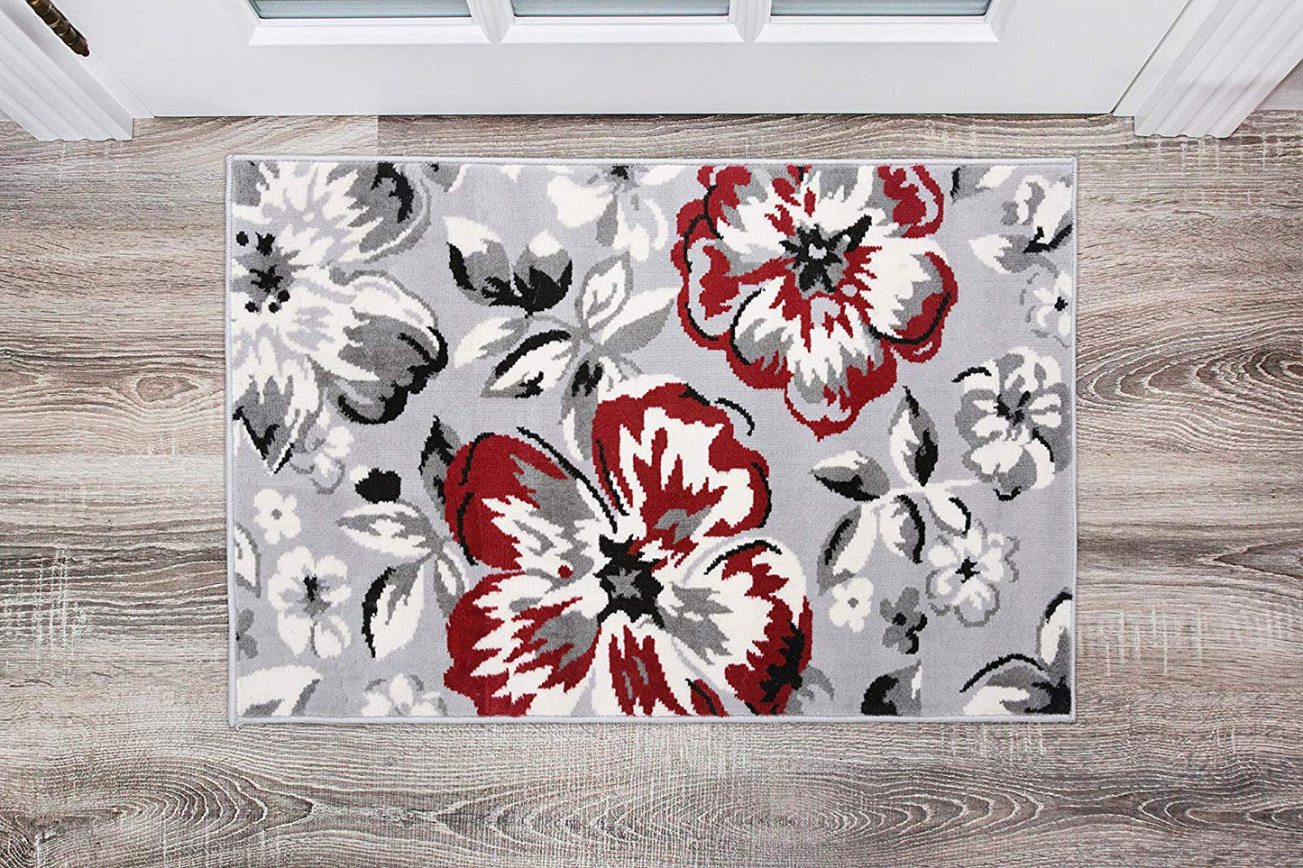 Gray/Grey Red White Floral Area Rugs