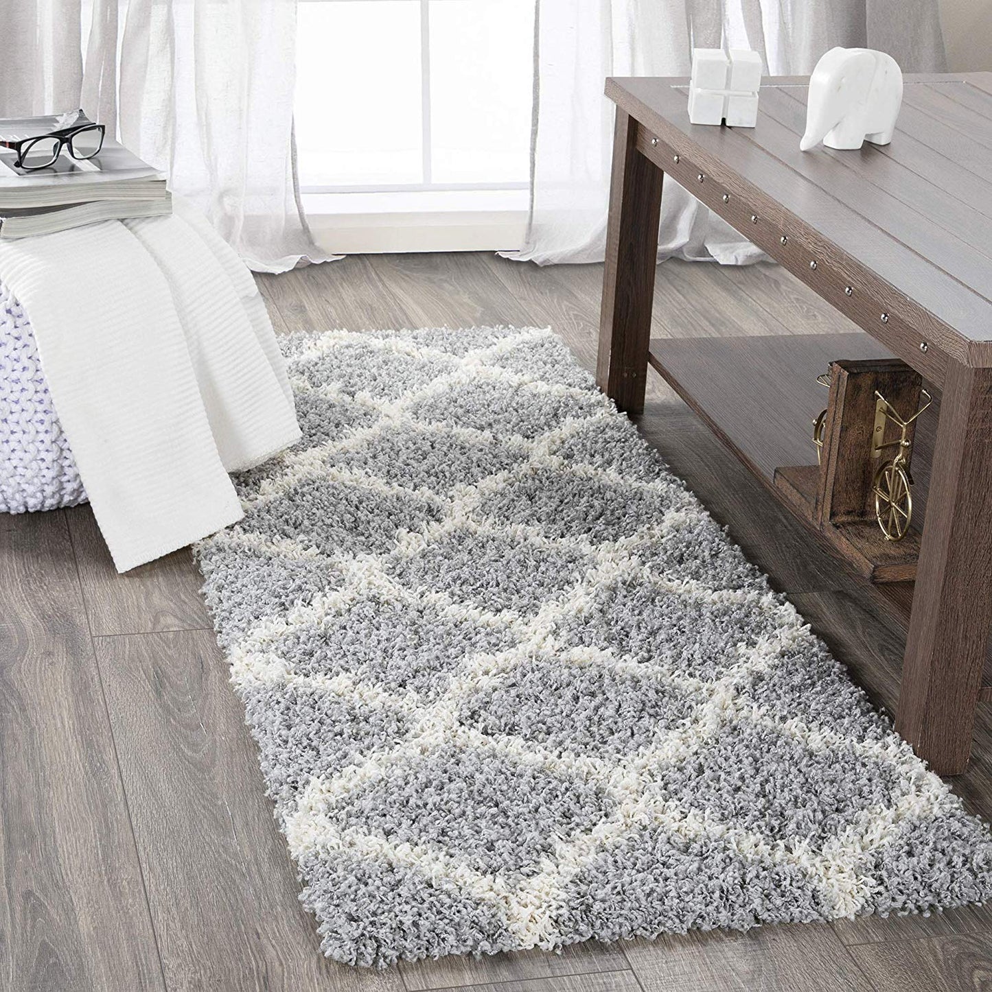 Gray Soft White Shag Trellis Area Rugs